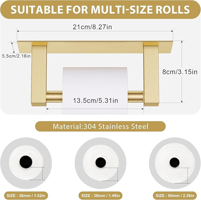 Brushed Gold Self Adhesive Toilet Paper Holder, Stainless Steel Bathroom Toilet Paper Holder Stick On Wall Mount, Commercial Toilet Paper Dispenser Peel and Stick Toilet Paper Holder Adhesive