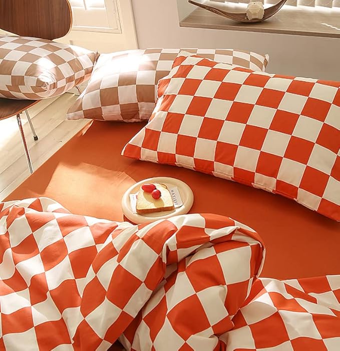 KAREVER Orange White Grid Comforter Set Cal King Burnt Orange Plaid Bedding Set Women Reddish White Checkered Bed Blanket Set Men Durable Breathable Bedding Comforter Set