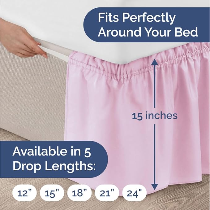 Wrap Around Dust Ruffle Bed Skirt - Light Pink - Twin/Twin XL Size Beds with 15 Inch Drop - Elastic Strap - Adjustable Pleated Bedskirt with Brushed Fabric and Wrinkle Free - Women, Men, Kids & Teens
