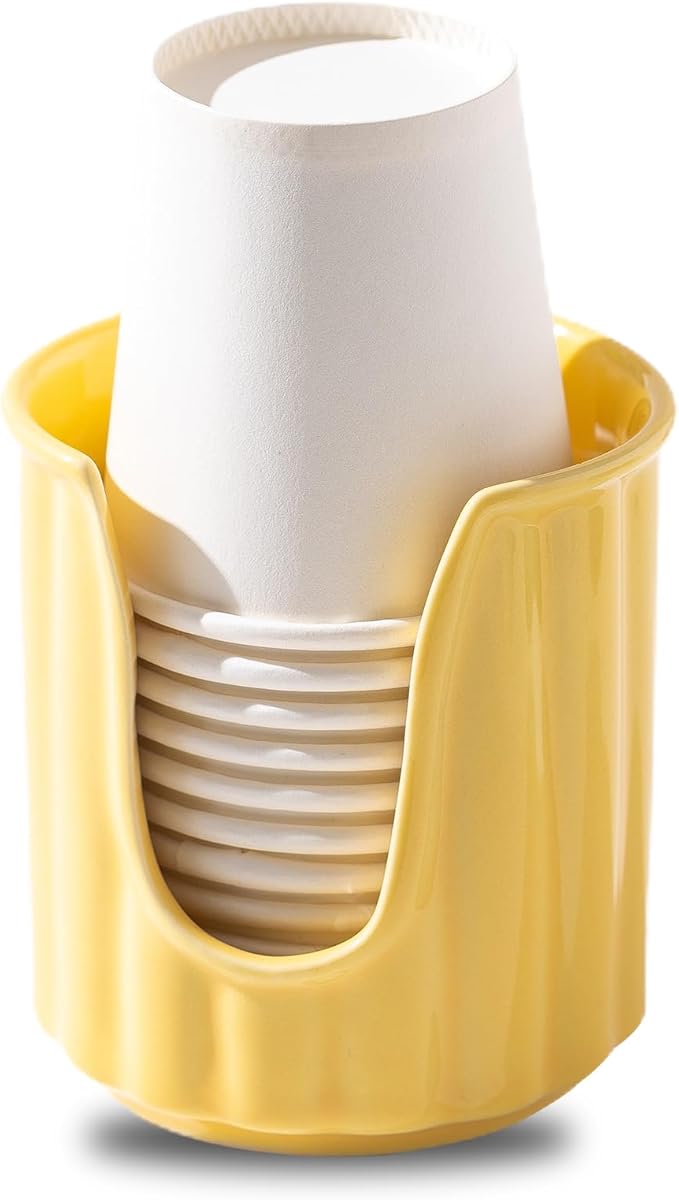 TANEW Ceramic Bathroom Cup Dispenser with Stylish Vertical Stripes - Dixiee Cup Dispenser & Mouthwash Cup Holder Holds 3oz Paper Cups for Rinsing Cups on Bathroom Vanity Countertops Glossy Yellow