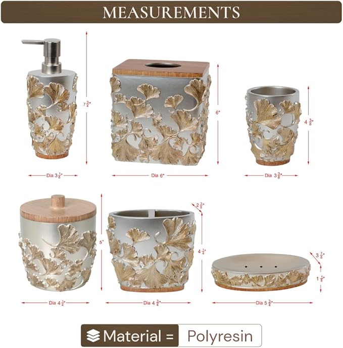 Decozen Bathroom Accessories Set 6Pcs – Soap Dispenser, Toothbrush Holder, Tumbler, Soap Dish & Cotton Swab Jar – Modern Bathroom Decor, Bath Set for Christmas Decor, Valencia