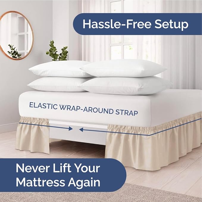 Wrap Around Dust Ruffle Bed Skirt - Wheat - Twin/Twin XL Size Beds w/ 15 Inch Drop - Easy Fit Elastic Strap - Adjustable Pleated Bedskirt w/Brushed Fabric - Wrinkle Free - Women, Men, Kids & Teens