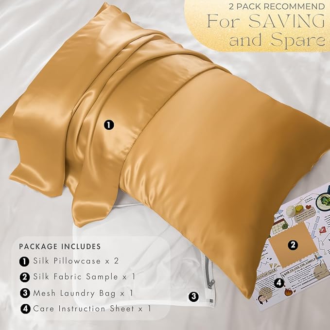 PROMEED 100% 23 Momme Silk Pillowcases Set of 2, Upgraded 3rd Generation 6A+ Mulberry Silk Pillow Case Set of 2, Real Natural Silk Pillow Case Cover 2pcs Set (King 20"x36", Gold)