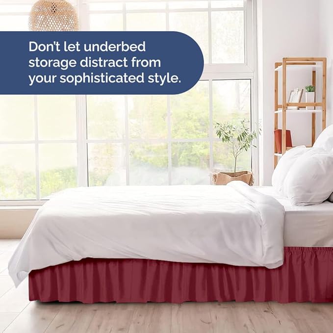 Wrap Around Dust Ruffle Bed Skirt - Burgundy - for Queen Size Beds with 24 Inch Drop - Elastic Strap - Adjustable Pleated Bedskirt with Brushed Fabric and Wrinkle Free - for Women, Men, Kids & Teens