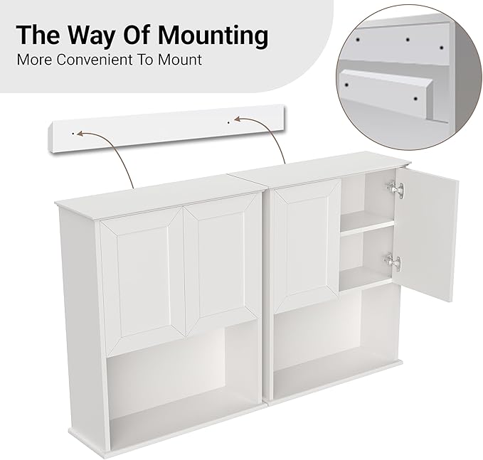 Bathroom Wall Cabinet Wooden with 2 Doors,Over the Toilet Storage Cabinet,Bathroom and Laundry Wall Mount Storage Medicine Cabinet with Open and Adjustable Shelf,Easy Assembly (Style A-2 PC, White)