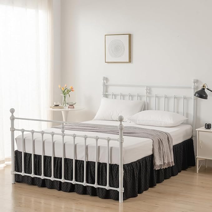 Tufted Dot Bed Skirt Full Size Ruffled Bed Skirt with Split Corners, 14 Inch Drop Dust Ruffle Bed Skirts with Platform, Black