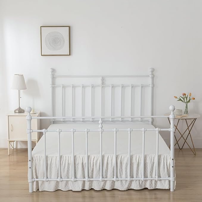 Tufted Dot Bed Skirt King Size Ruffled Bed Skirt with Split Corners, 12 Inch Drop Dust Ruffle Bed Skirts with Platform, Ivory