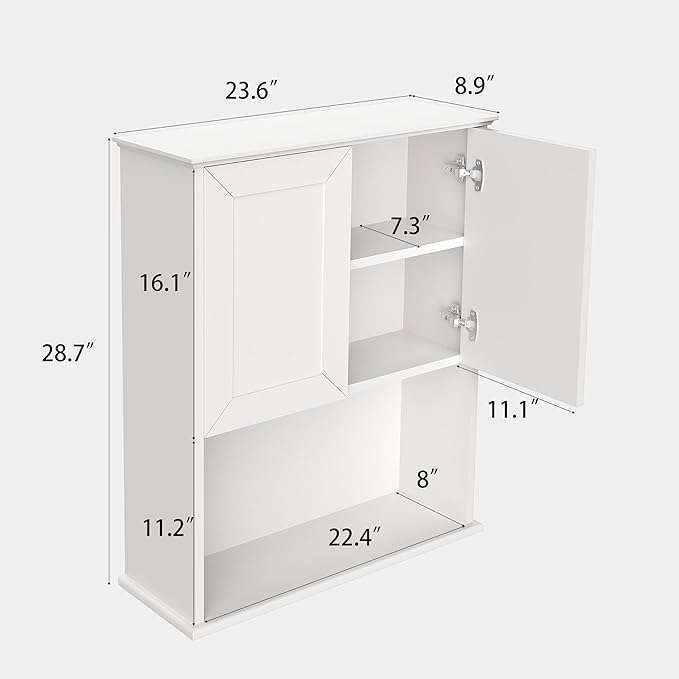 Bathroom Wall Cabinet Wooden with 2 Doors,Over the Toilet Storage Cabinet,Bathroom and Laundry Wall Mount Storage Medicine Cabinet with Open and Adjustable Shelf,Easy Assembly (Style A -1 PC, White)