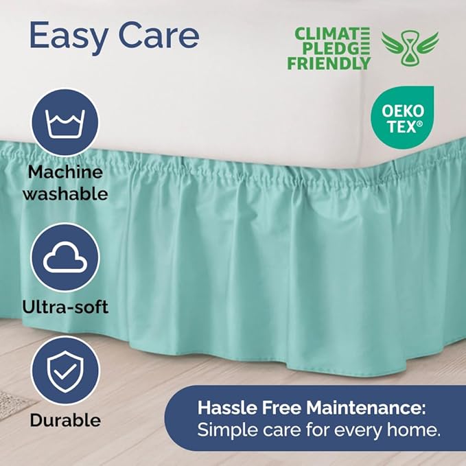 Wrap Around Dust Ruffle Bed Skirt - Spa Blue - for Queen Size Beds with 12 Inch Drop - Elastic Strap - Adjustable Pleated Bedskirt with Brushed Fabric and Wrinkle Free - for Women, Men, Kids & Teens