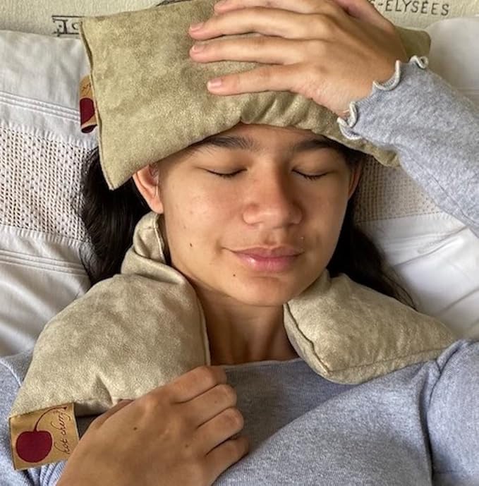 Neck Wrap Tan Ultra Suede Cherry Pit-Stone Pillow, Microwavable Hot/Cold Compress, Sustainable Moist Heat Pack, Shoulder Pain Relief, Washable, Spa