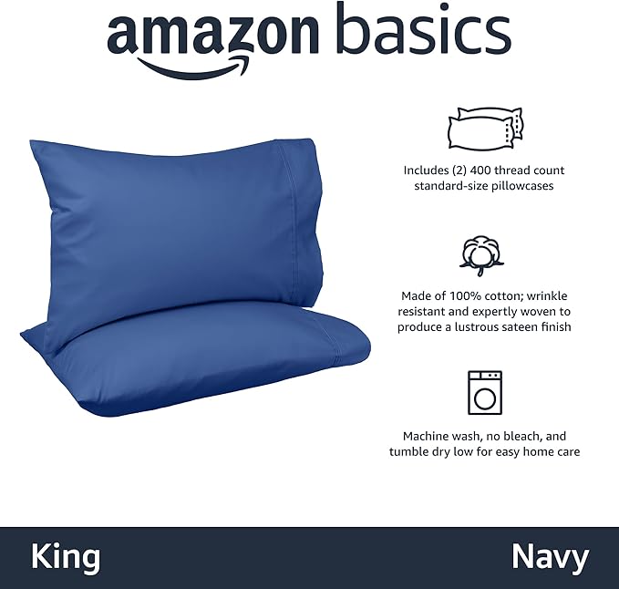 Amazon Basics 400 Thread Count Cotton Pillow Cases, King, 40" L x 20" W, Navy - Set of 2, Pillows Not Included