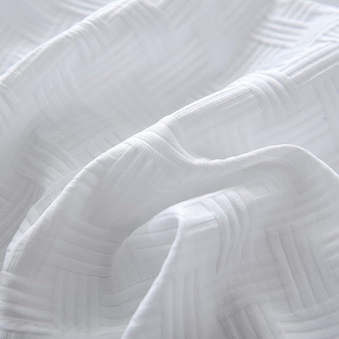 Queen Size Bed Skirt, Pleated Knitted Jacquard Waffle Weave Striped Bed Skirt, Tailored Dust Ruffle 18 Inch Drop Easy Fit, Machine Washable (White, Queen - 18" Drop)