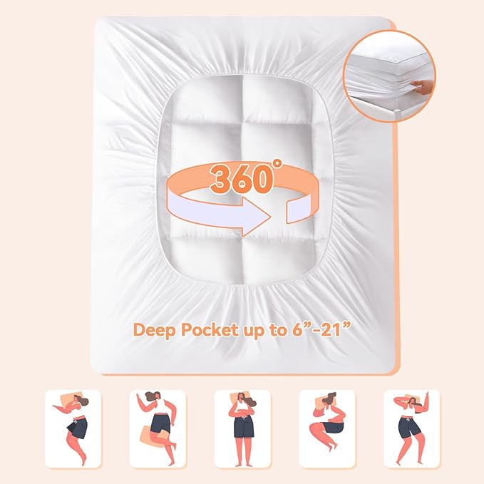 Topllen Twin Mattress Topper for Back Pain Relief, Extra Thick Pillow Top Plush Mattress Pad with Deep Pocket, Soft Pillowtop Twin Size Bed Toppers Filled Fluffy Down Alternative, White