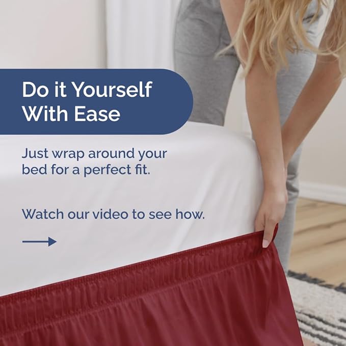 Wrap Around Dust Ruffle Bed Skirt - Burgundy - for Full Size Beds with 24 Inch Drop - Easy Fit Elastic Strap - Adjustable Pleated Bedskirt w/Brushed Fabric Wrinkle Free - for Women, Men, Kids & Teens