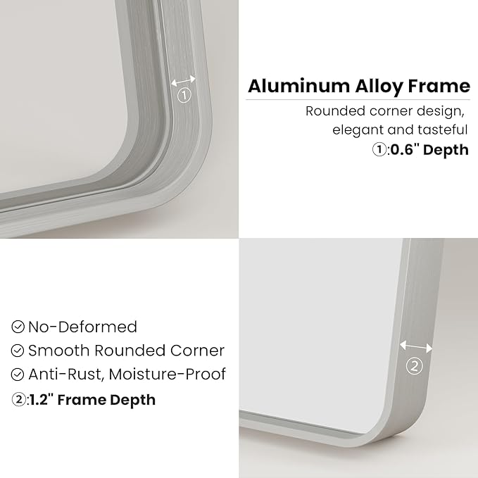 Brushed Nickel Bathroom Mirror, 22x30 Inch Thick Silver Metal Rectangle Frame Wall Mirror, Modern Round Corner Bathroom Vanity Mirror for Over Sink, Bedroom, Living Room, Entryway