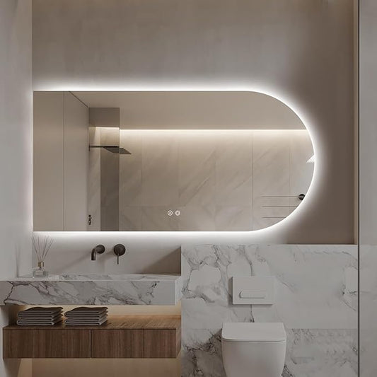Arched LED Bathroom Mirror, 48"x24" Arch Framless Backlit Mirror with Lights Vanity Mirror for Makeup, Anti-Fog, Dimmable, 3-Color, Memory Function, IP65 Waterproof, UL Listed, Horizontal-Left
