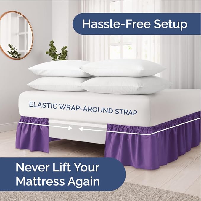 Wrap Around Dust Ruffle Bed Skirt - Purple - for Full Size Beds with 24 Inch Drop - Easy Fit Elastic Strap - Adjustable Pleated Bedskirt w/Brushed Fabric - Wrinkle Free - for Women, Men, Kids & Teens