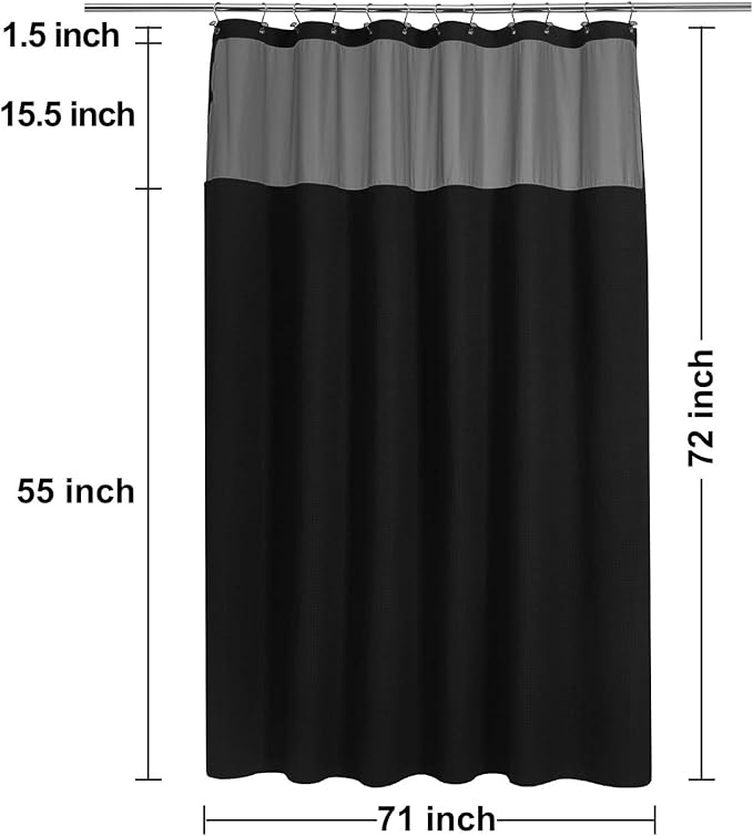 N&Y HOME Waffle Weave Shower Curtain with Snap-in Fabric Liner & 12 Black Hooks Set - Hotel Style, Water-Repellent & Washable, Mesh Top Window - 71x72, Black