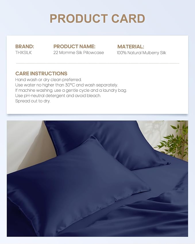 THXSILK Set of 2 100% Pure Mulberry Silk Pillowcases for Hair and Skin - Upgraded Real 22 Momme Grade 6A+ Silk - Durable, Soft and Anti-Aging Silk Pillow Cases (King 20"x36", Navy Blue)