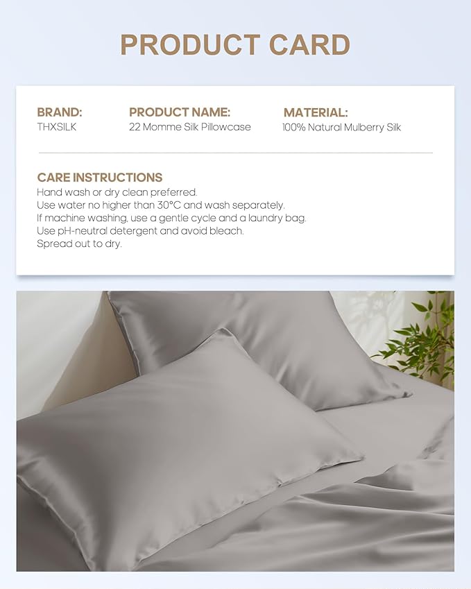 THXSILK Set of 2 Silk Pillowcase for Hair and Skin, 100% Mulberry Silk Bed Pillowcase 22 Momme, Hypoallergenic Soft Breathable Silk Pillow Case with Hidden Zipper, California King 20"x40", Grey