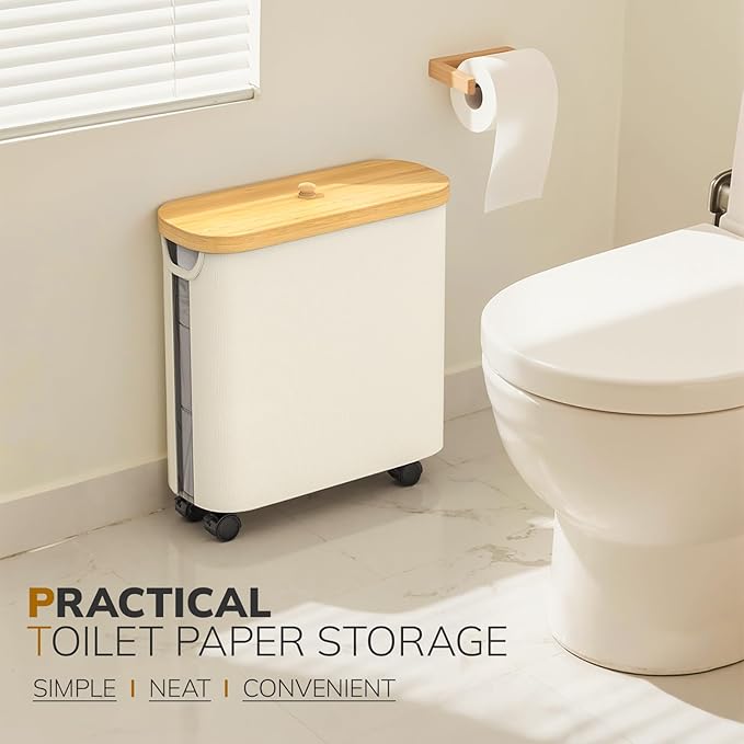 Toilet Paper Storage with Wheel Bamboo Toilet Paper Holder with Lid and Handle Toilet Papers Organizer for Bathroom Free Standing 30L Papers Basket for 9-12 Rolls Bathroom Accessories, Beige