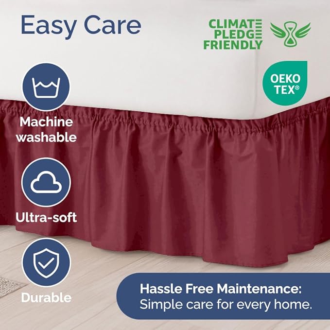 Wrap Around Dust Ruffle Bed Skirt - Burgundy - for Queen Size Beds with 12 Inch Drop - Elastic Strap - Adjustable Pleated Bedskirt with Brushed Fabric and Wrinkle Free - for Women, Men, Kids & Teens