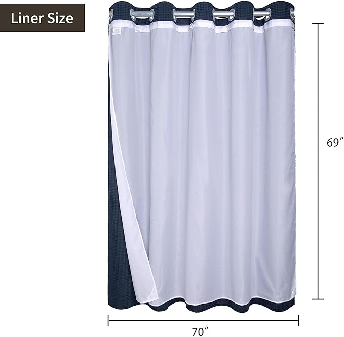 River Dream Waffle No Hook Shower Curtain with Snap-in Liner,Cotton Blend, Shower Curtain with Liner Set,Navy Blue,71 x 74 inches