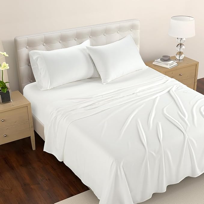 Reebok King Sheet Set from Tencel Eucalyptus - Soft, Cooling & Breathable for Hot Sleepers, Deep Pocket Up to 17 Inches, 4Pc Hotel Luxury Bedding Set, Bedsheet & Pillowcases (White, King)