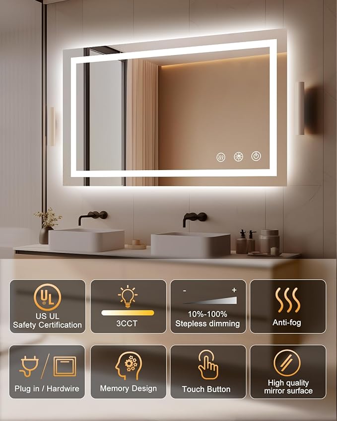 oneup 40''x24'' Bathroom Mirror with Lights,Front Lighted Bathroom Mirrors for Wall,Anti-Fog Smart Vanity Mirror,Touch Button and Memory Function,Dimmable 3-Color Lights (Horizontal/Vertical)