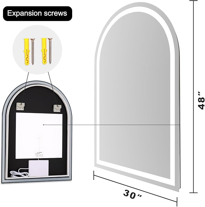 LED Bathroom Mirrors with Lights 30"x48" Arched Mirror for Wall,Led Vanity Mirror, Anti-Fog,LED Mirrors with Front Light and Backlit, Anti-Fog, Dimmable, 3 Color, Shatterproof, Touch Sensor