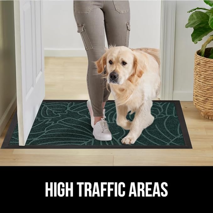 GORILLA GRIP 100% Waterproof All-Season WeatherMax Doormat, 60x24, US Designed Natural Rubber, Stain and Fade Resistant, Low Profile Indoor Outdoor Door Mats, Easy Clean Patio Mat, Green Palm