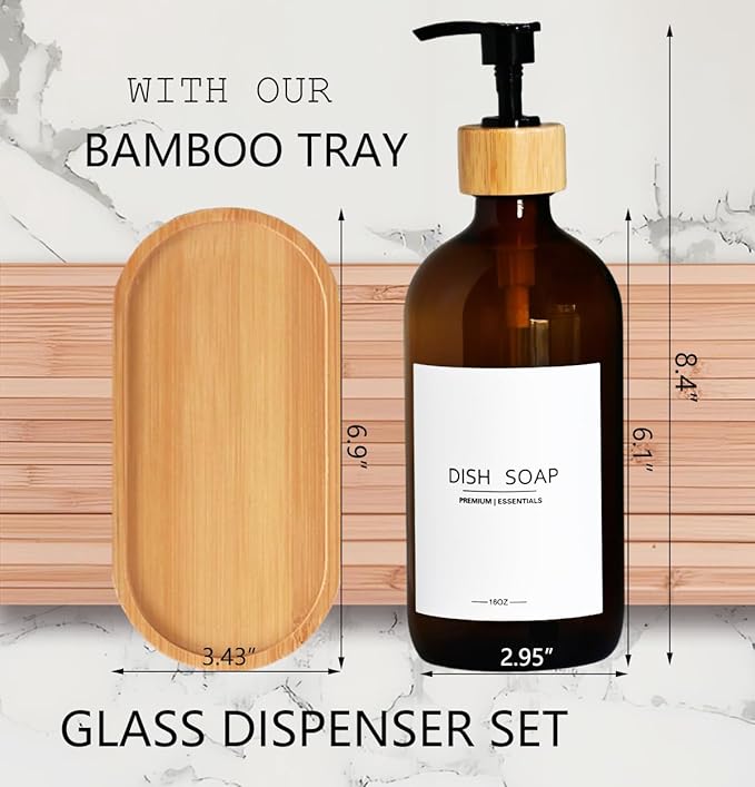 Luxury Glass Soap Dispenser Set - 2 Refillable 16.9oz Bottles, Bamboo Pump & Tray for Farmhouse & Modern Decor, 9 Waterproof Labels for Kitchen/Bathroom (Amber Bottle+Black Bamboo Pumps+Tray)