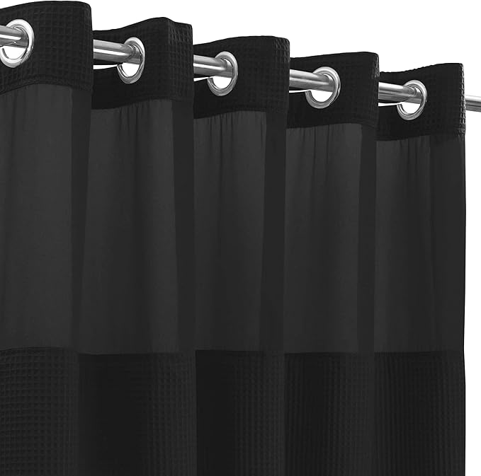 River Dream Black Fabric Shower Curtain Set, Cotton Blend, Waffle Weave, with Snap in Replacement Liner，71 x 86 inches