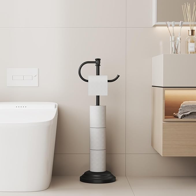 BESy Toilet Paper Holder Free Standing Bathroom Toilet Tissue Holder Stand for Floor Toilet Paper Roll Holder with Storage Hardware Accessories Rack Hand Towel Bar Matte Black Stainless Steel