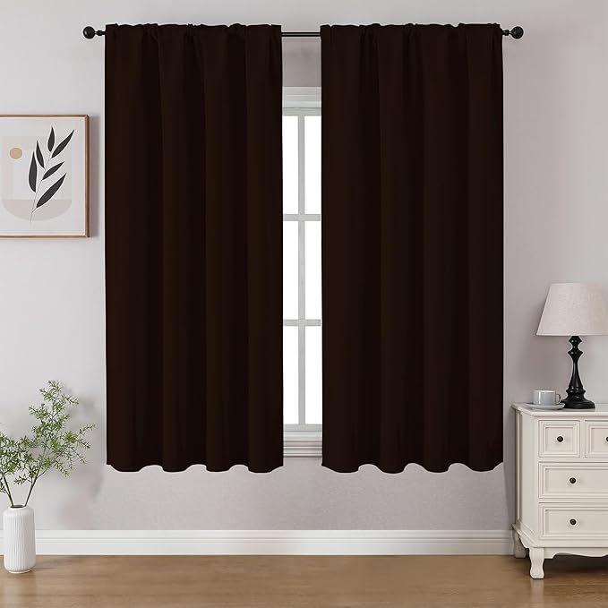 CUCRAF Blackout Curtains 45 inch Length 2 Panels Set, Rod Pocket Room Darkening Drapes for Bedroom Living Room, Insulated Thermal Light Blocking Window Curtain (W52 x L45 Inch, Chocolate)