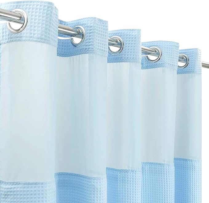 River Dream Sky Blue Fabric Shower Curtain Set, Cotton Blend, Waffle Weave, with Snap in Replacement Liner，54 x 80 inches