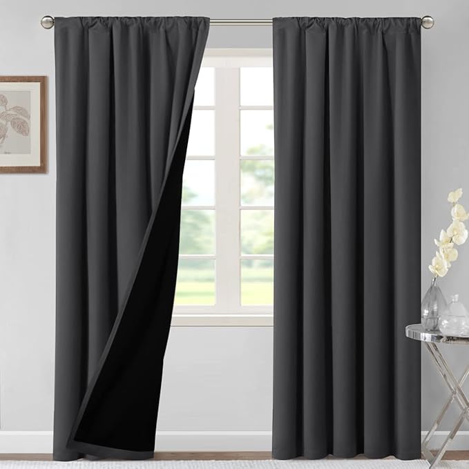 H.VERSAILTEX 100% Blackout Curtains for Bedroom Thermal Insulated Blackout Curtains 96 Inches Long Rod Pocket/Clip Rings Curtains for Living Room with Black Liner 2 Panels, Charcoal Gray
