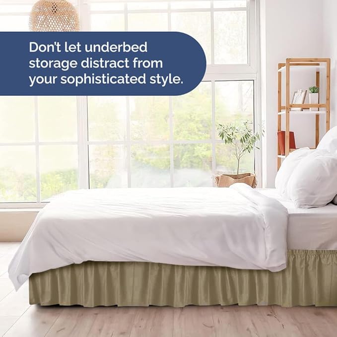 Wrap Around Dust Ruffle Bed Skirt - Khaki - for Full Size Beds w/ 15 Inch Drop - Easy Fit Elastic Strap - Adjustable Pleated Bedskirt w/Brushed Fabric - Wrinkle Free - for Women, Men, Kids & Teens