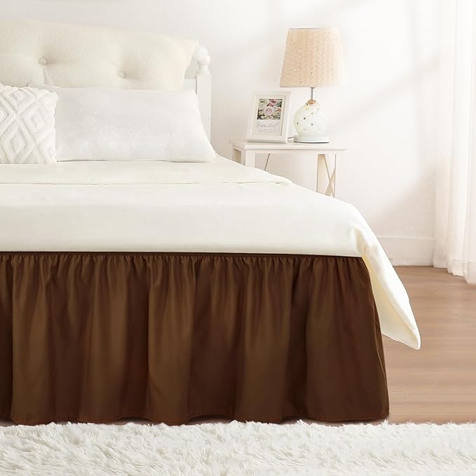 RIMELA Bed Skirt King Size 15 Inch Drop, Elastic Bed Skirting for Bed Base and Frame, Bedding Dust Ruffle Easy to Install, Wrap Around Adjustable Bedskirt, Chocolate Brown