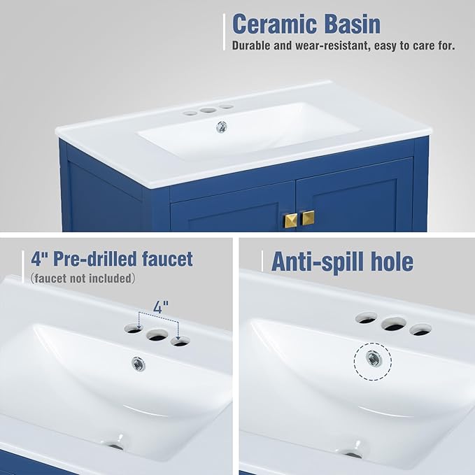 60" Bathroom Vanity Set with Double Vanities, Double Ceramic Sinks, Storage Shelf, Soft Closing Doors, Divided Drawers (Mirror not Included), Large Bathroom Vanity Sink Set (Blue)