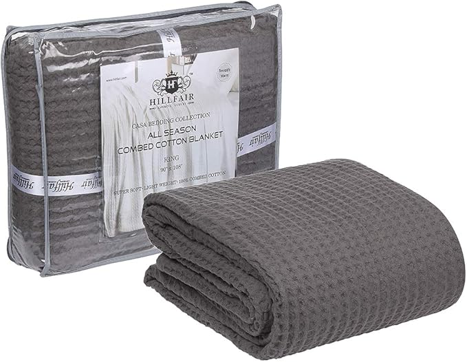 HILLFAIR 100% Combed Cotton Blanket–102x108 Inch California King Size Bed Blankets– Warm Soft All Season Breathable Blankets– Extra Large Oversized California King Blanket- Grey King Cotton Blankets