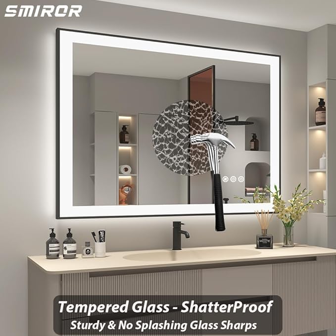 SMIROR 40x36 Vanity Mirror with Lights, Matte Black Framed LED Lighted Bathroom Mirrors for Wall, Front and Backlit, Dimmable, Anti-Fog, Memory, Shatterproof, ETL Listed (Horizontal/Vertical)