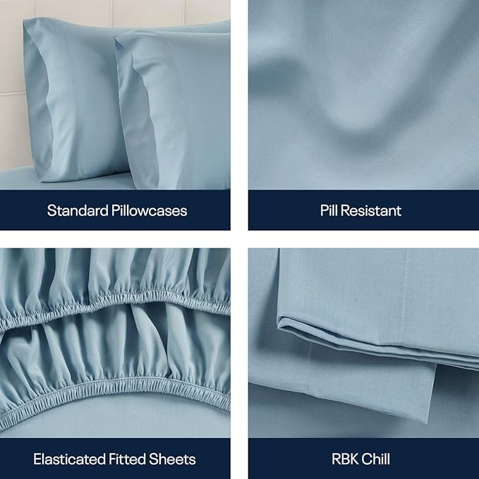 Reebok Queen Sheet Set from Tencel Eucalyptus - Soft, Cooling & Breathable for Hot Sleepers, Deep Pocket Up to 17 Inches, 4Pc Hotel Luxury Bedding Set, Bedsheet & Pillowcases (Niagara Mist, Queen)
