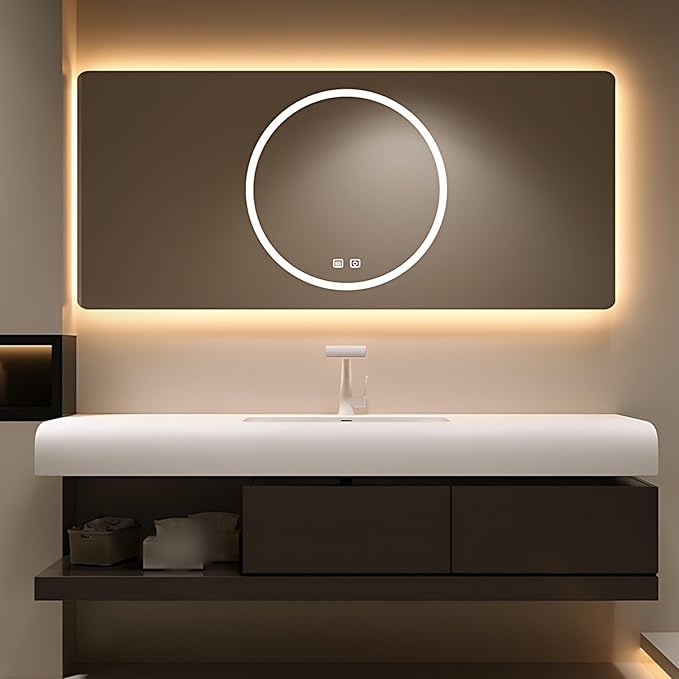 56IN Bathroom Vanity with Sink - Bathroom Cabinet Set has 2 Drawers & Overflow Hole Wall Mounted | LED Practical Defogging Mirror, Open Compartments, Seamless Rock Slab Basin (Coffee)