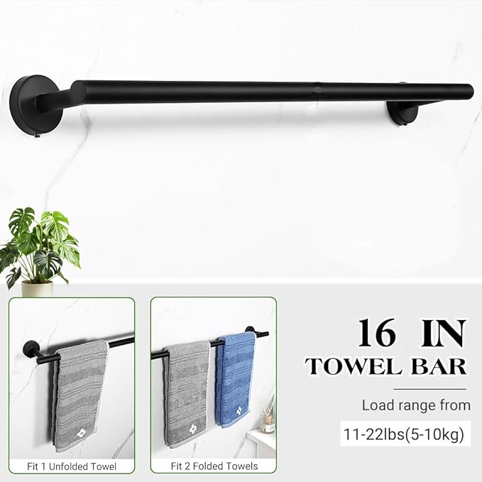 Matte Black Bathroom Towel Bar Set, 5-Piece Stainless Steel Hardware Bathroom Accessories, 16" Towel Racks for Bathroom Walls