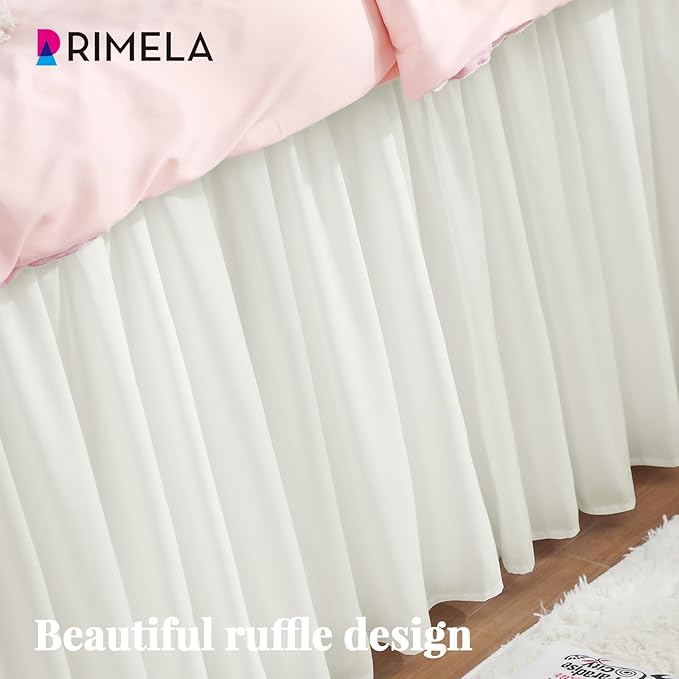 RIMELA Dorm Bed Skirt Twin XL 46 Inch Drop, Easy to Install Extra Long Wrap Around Elastic Dust Ruffle, Warm White Bedskirt Solid Silky Fabric Machine Washable (Twin XL 80“L x 39”W & Twin 75“L x 39”W)