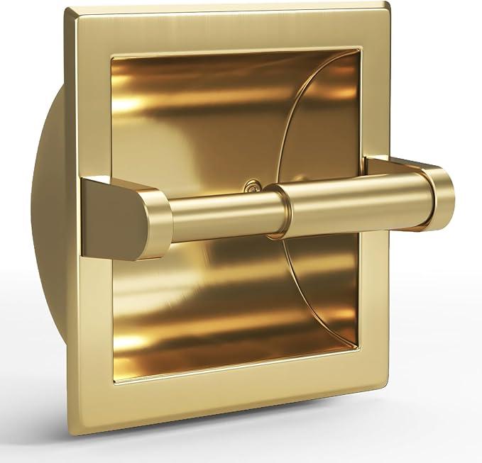 Recessed Toilet Paper Holder in Wall Mounted with Rear Mounting Bracket Stainless Steel Heavy Duty Brushed Gold Finish 6.2x6.2 Square Jumbo Mega Tissue Holder for Bathroom Wall