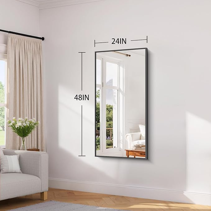 Koonmi Black Framed Bathroom Mirror - Shatterproof 24"x48" Tempered Glass, HD No Distortion, Horizontal/Vertical Mount, Modern Matte Aluminum Alloy Frame