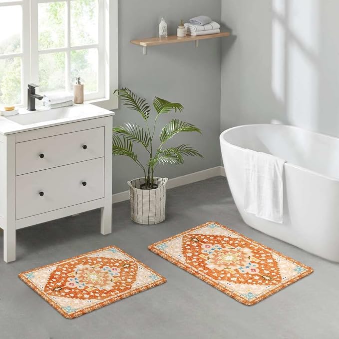 Uphome Boho Tribal Bathroom Rugs Orange Cute Floral Bath Mat Non-Slip Machine Washable Small Rug Soft Oriental Bath Mats for Bathroom Decor for Sink Shower Doormat Tub, 18x25 inch