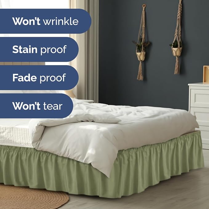 Wrap Around Dust Ruffle Bed Skirt - Sage Green - Twin/Twin XL Size Beds with 24 Inch Drop - Elastic Strap - Adjustable Pleated Bedskirt with Brushed Fabric and Wrinkle Free - Women, Men, Kids & Teens